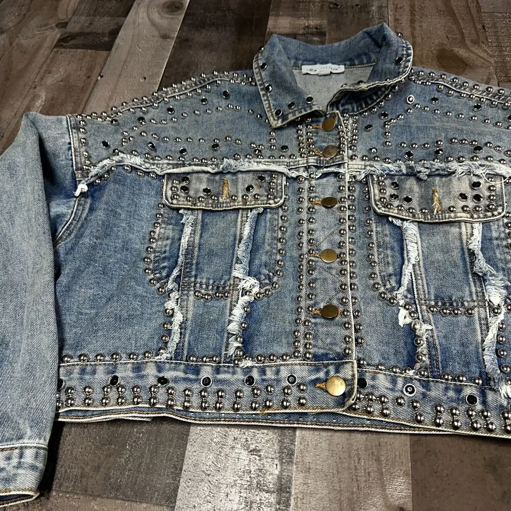 Ma Cherie Denim Jacket Womens Trucker Rhinestone Studded Jacket Size‎ Large